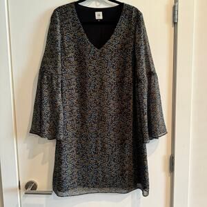 CAbi Sheath Chiffon Dress Blue Brown Floral V-Neck Pullover Bell Sleeve Sz M